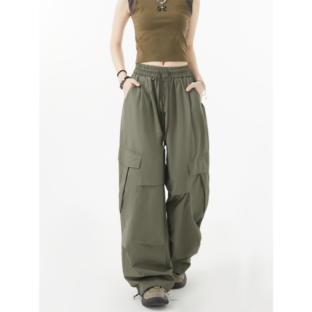 cherryshop🍓กางเกงคาโก้😊สีเขียวเอวสูงหลวมกางเกง cargo pantsสีดำ - รูปที่ 7