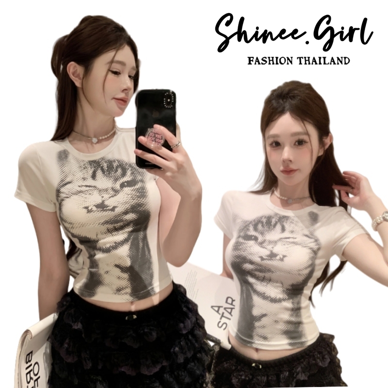 SHG พร้อมส่ง🌹เสื้อยืดรัดรูปผู้หญิง🌹Y2Kเสื้อครอปท็อป แขนยาว แขนสั้น Croptop พิมพ์น้องแมว ผ้ายืดใส่สาย สวาอ้วนใส่ได้