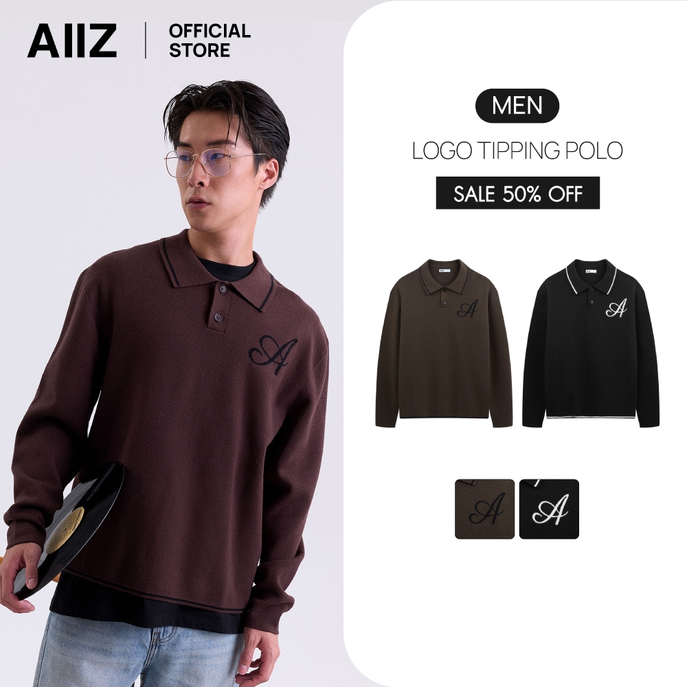 AIIZ เสื้อโปโลผู้ชายแขนยาวผ้าถัก AIIZ Men's A Logo Tipping Polo