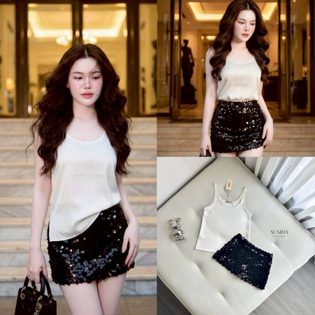 Sunida ชุดเซต2ชิ้น เสื้อกล้ามสีขาวผ้าซาตินเงาวาว+ กระโปรงวิ่งดำดอกไม้