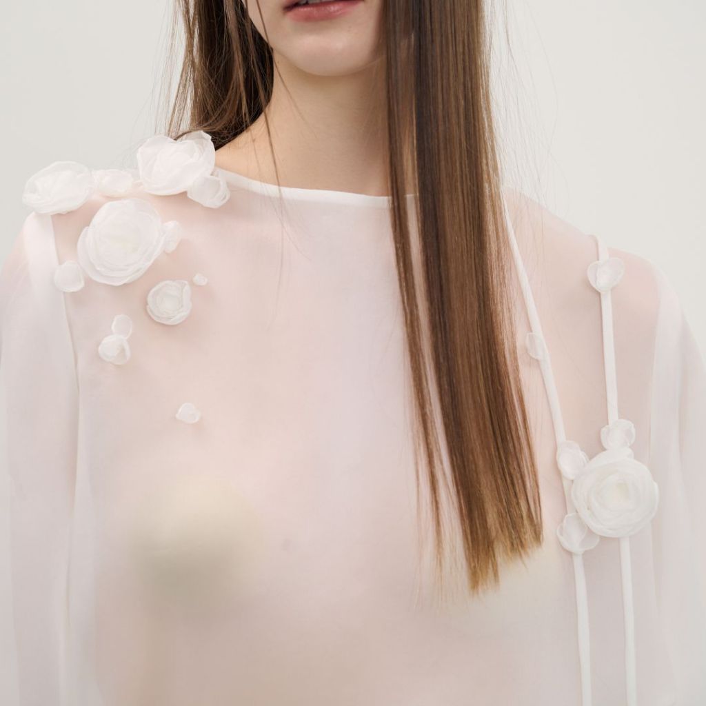 CHER'Z - RW2507 เสื้อเชิ้ตออร์แกนซ่าแต่งดอกไม้