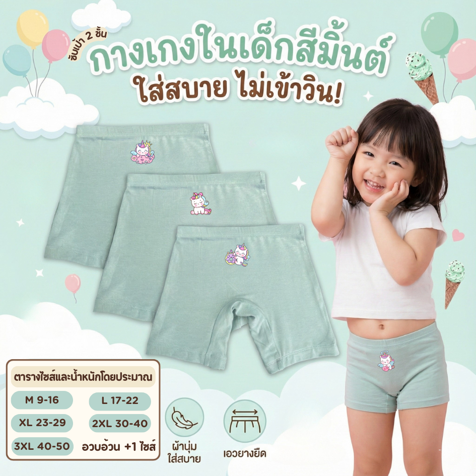 กางเกงซับในเด็ก สีเขียวมิ้นท์ (รุ่นใหม่หนานุ่มขึ้น) กางเกงในเด็ก กันโป๊  ลายยูนิคอร์น ขาไม่บาน ยืดหยุ่นเบาสบาย 2-12 ปี