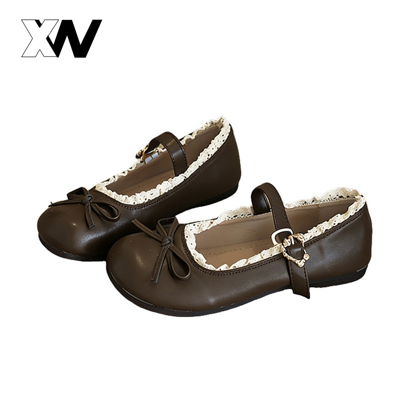 XWbrand  รองเท้าหัวกลมทรงย้อนยุคลุควินเทจ แต่งโบว์ลูกไม้ดีไซน์หวาน พื้นนิ่มใส่สบาย เหมาะกับลุคสุภาพ อ่อนหวาน และน่ารัก