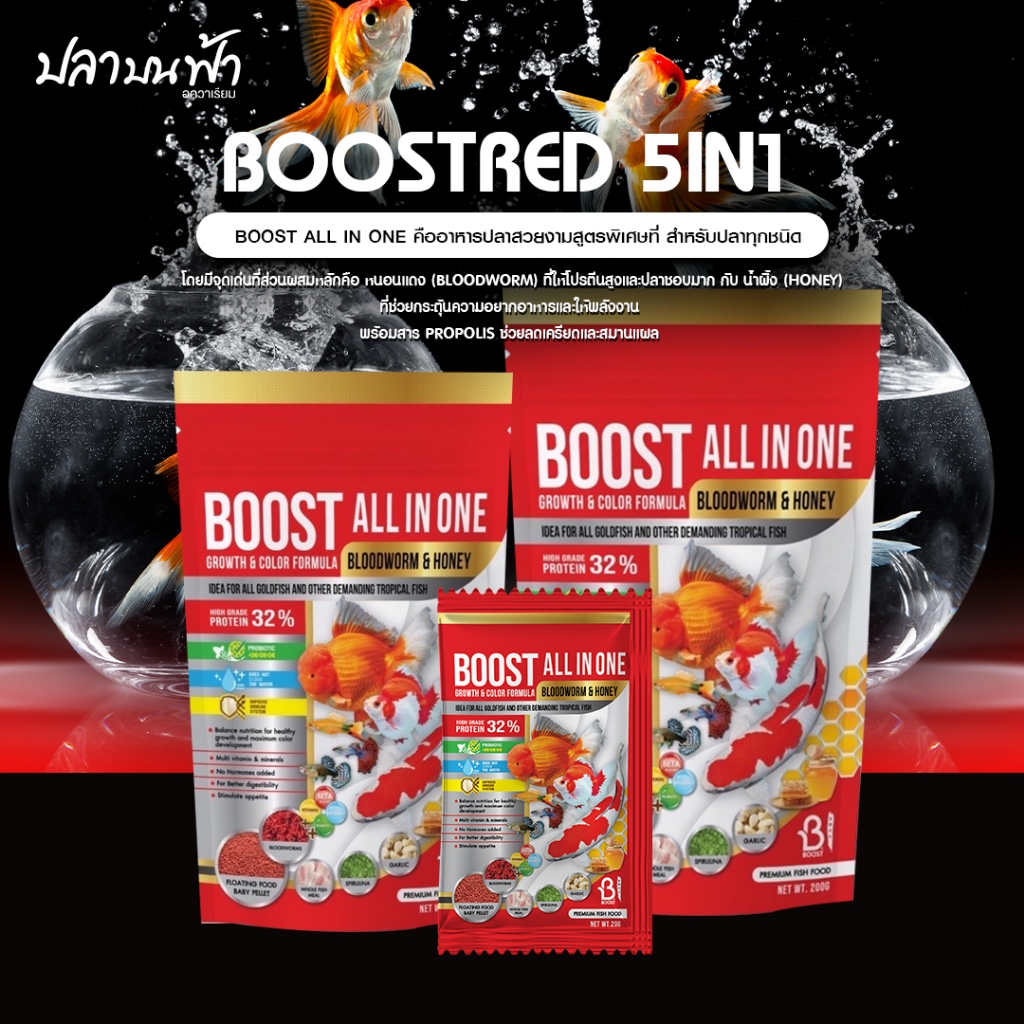 อาหารปลา BOOST All In One โปรตีนสูง เร่งสี เร่งโต ด้วยคุณค่าจากหนอนแดง และน้ำผึ้ง ทำให้ปลามีสีสันสวยงามตามธรรมชาติ