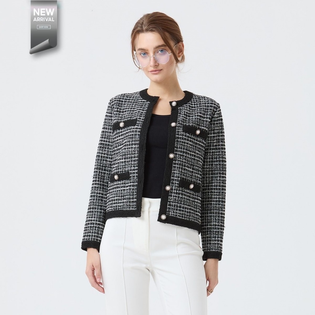 ESPADA เสื้อคาร์ดิแกนผ้านิต ทอลายทวีต ผู้หญิง สีดำ | Tweed Knit Cardigan | 04868