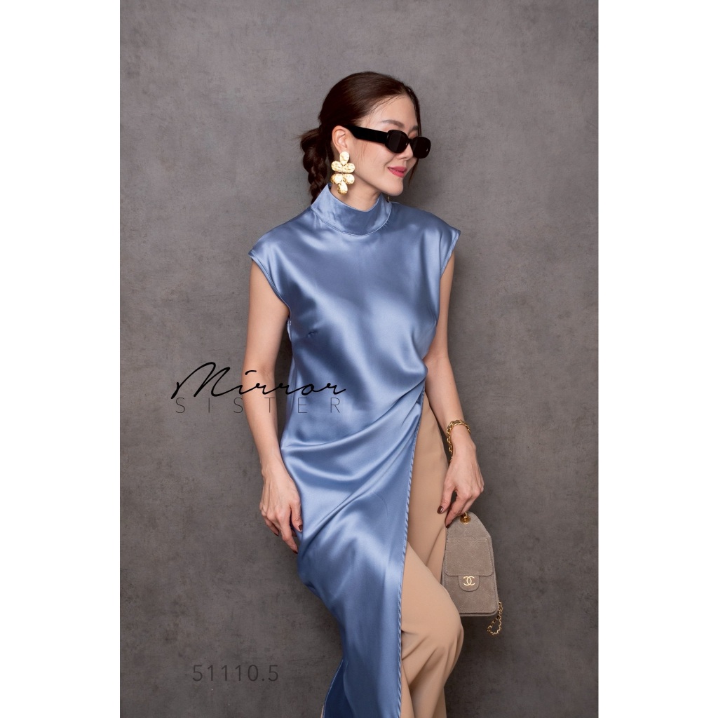 🔖Mirrorsister 51110.5 เสื้อแขนกุดผ้าซาตินดีไซน์ปลายเฉียง คอจีนทรงตั้งเบาๆ เหมาะทั้งใส่ไปทำงานและโอกาสอื่นๆ แมทช์ง่าย - รูปที่ 7