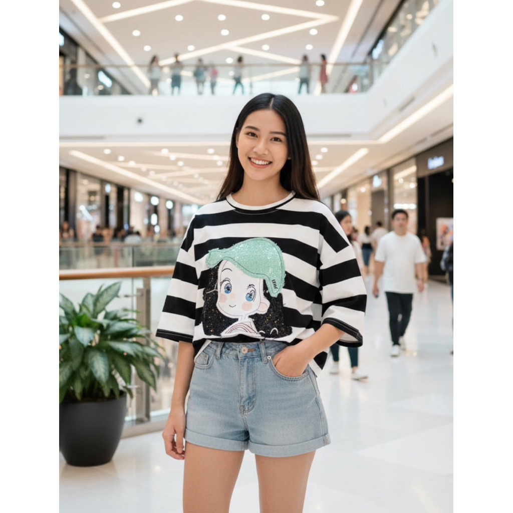 เสื้อยืด เสื้อแฟชั่น งานป้าย  Jew_Berry [#1179] เสื้อยืดส่งครอปริ้วใหญ่ หน้าอกตกแต่งอะไหล่ หน้าเด็กผู้หญิงเลื้อมเงา
