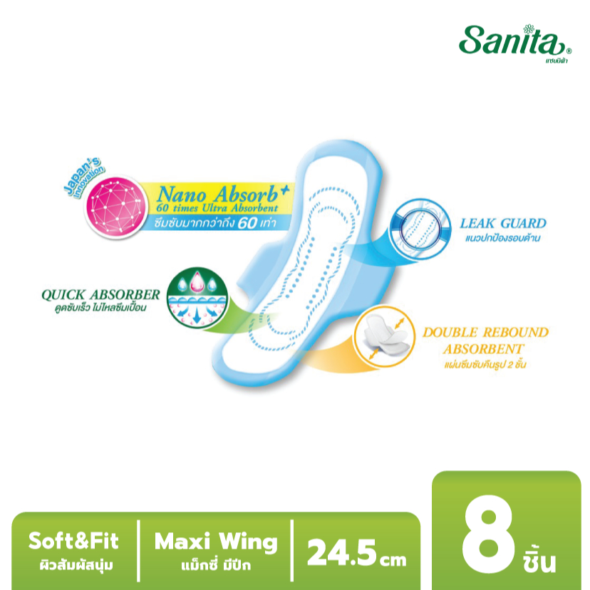 [ยกลัง 48ห่อ] Sanita / แซนนิต้า ผ้าอนามัย ซอฟท์ & ฟิต ผิวสัมผัสนุ่ม แม็กซี่ มีปีก 24.5ซม. 8ชิ้น/ห่อ - รูปที่ 3