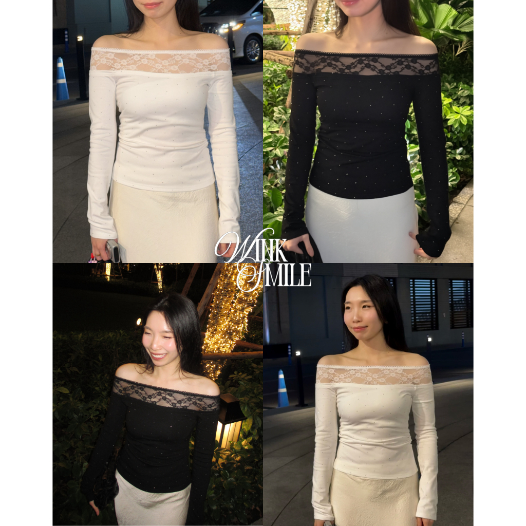 UIUI | WINKSIMLE เสื้อปาดไหล่ลูกไม้ ติดเพชร