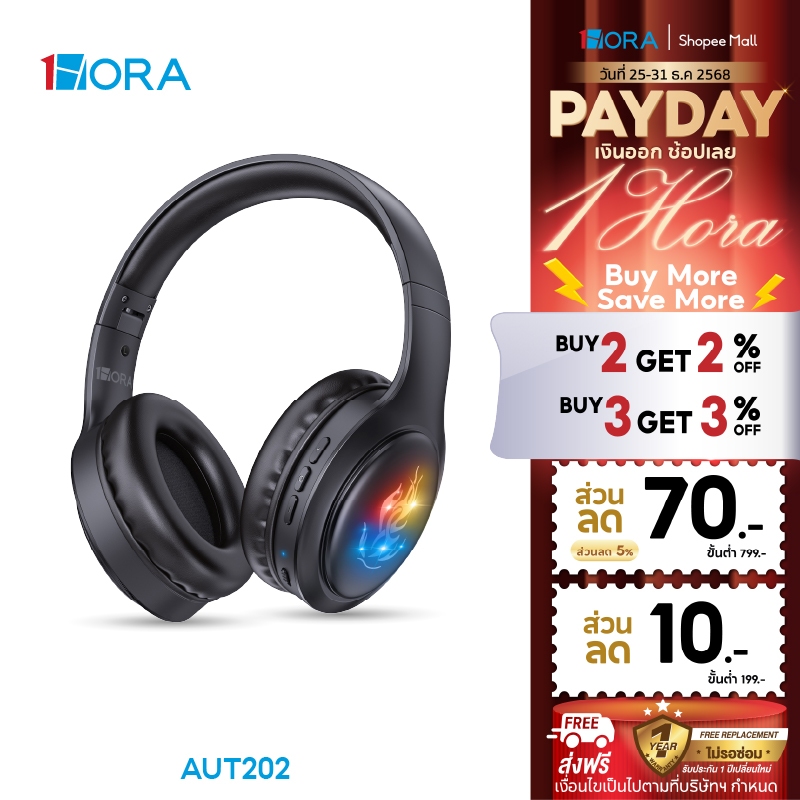 1HORA รุ่น AUT202 หูฟังครอบหู หูฟังบลูทูธไร้สาย Bluetooth Headphone บลูทูธ 5.1 สี Black AUX3.5mm/TF 