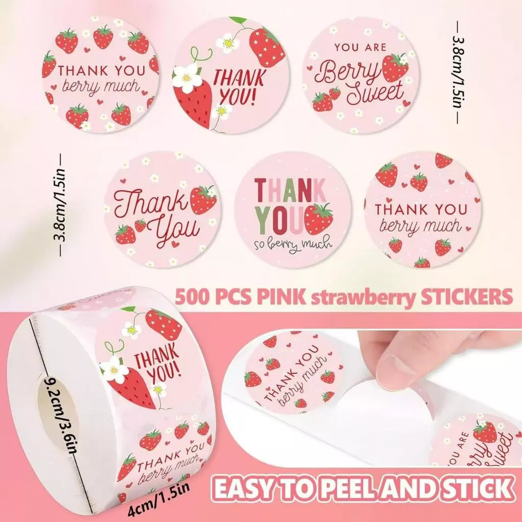500ดวง สติกเกอร์ขอบคุณ สติกเกอร์ลายสตรอเบอร์รี่ ติดกล่อง ติดแก้ว sticker
