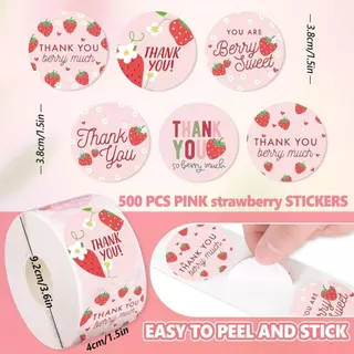 500ดวง สติกเกอร์ขอบคุณ สติกเกอร์ลายสตรอเบอร์รี่ ติดกล่อง ติดแก้ว sticker