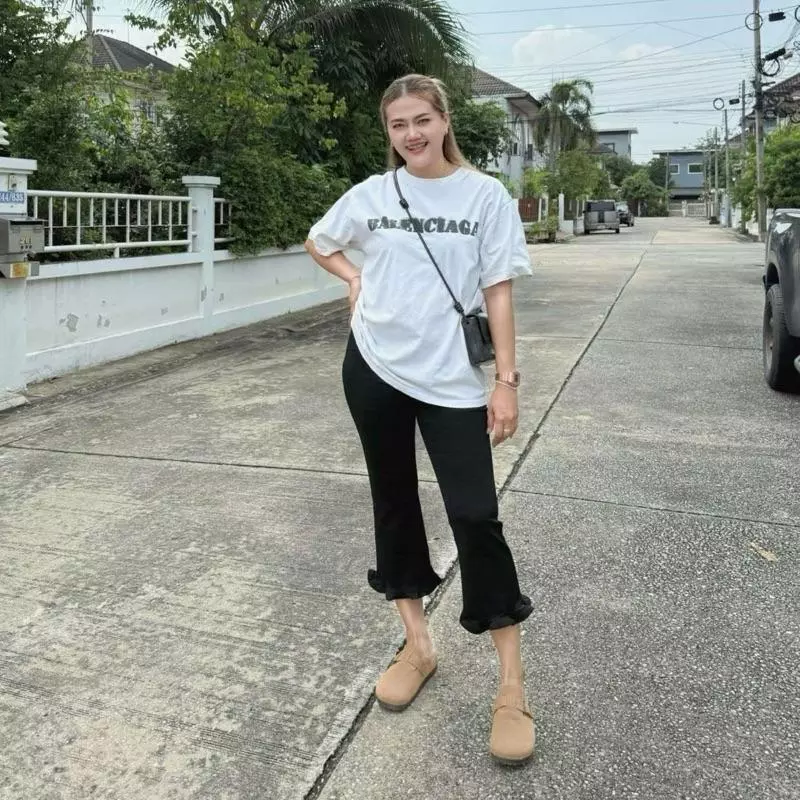 กางเกง 7 ส่วน แต่งระบาย เนื้อผ้าวูลเวฟ ใส่สบาย เอวใหญ่สุด 44