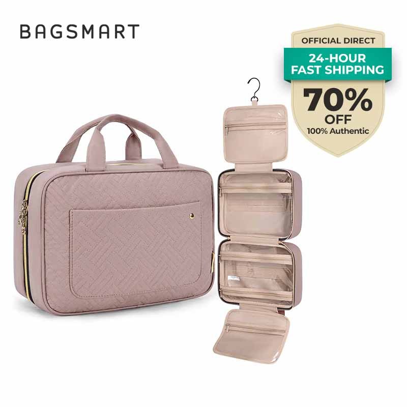 BAGSMART กระเป๋าเครื่องสำอางแบบพับได้และแขวนได้ กันน้ำ ซิปคู่ จัดเก็บระเบียบพกพาสะดวก