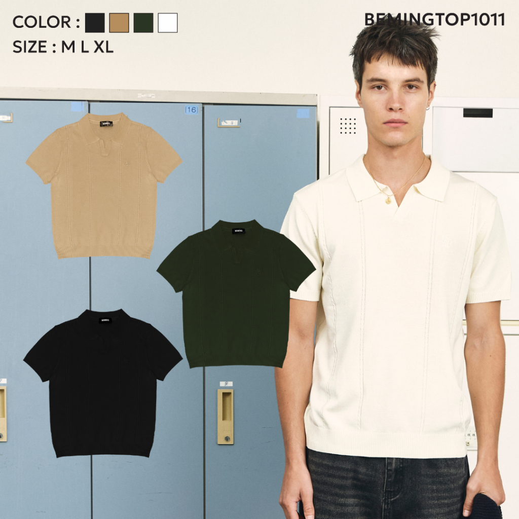 Bemingtop1011(M-XL)-BMG Knit Polo Tee – โปโลไหมพรมผู้ชายเรียบ เท่ ใส่ง่าย และดูแพงแบบ minimal