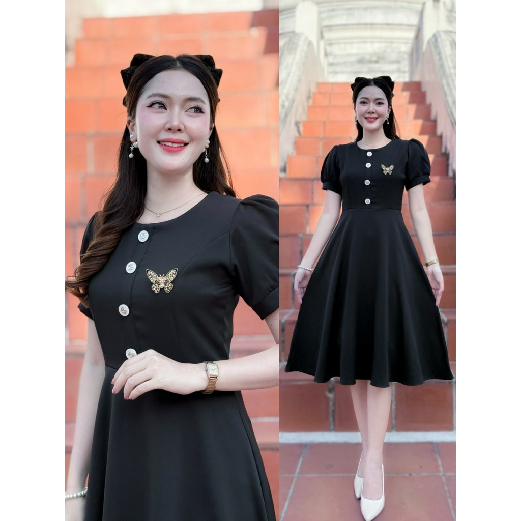D20 เดรสคอกลมแต่งกระดุม กระโปรงทรงบาน - ผู้หญิง ใส่ออกงาน (สินค้าพร้อมส่ง) ผ้าบาบี้/เปเป้