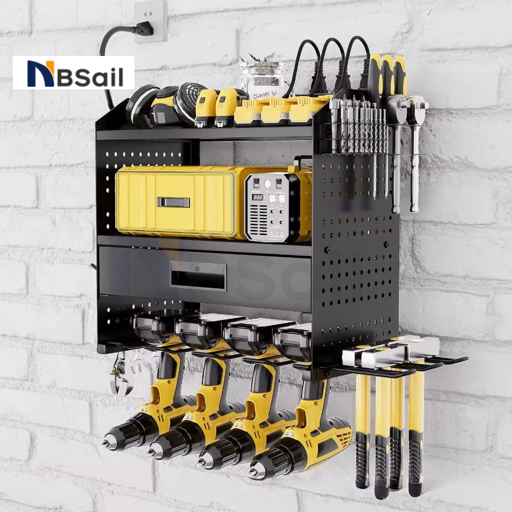 NBSail ชั้นวางเครื่องมือ 2/3/4 ระดับ พร้อมที่เก็บสว่าน ระบบแขวนผนังอุตสาหกรรม สำหรับโรงรถหรือเวิร์คช็อป มีช่องเก็บของ