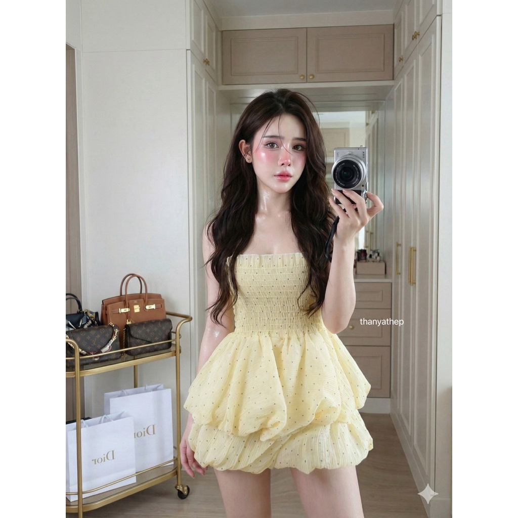 #by2a TYT น่ารักมากๆเซท2ชิ้นเสื้อผูกคอสม้อคทั้งตัวลายจุด ผ้าโรซี่พร้อมกางเกงบอลลูนสั้นสุดฮิต เรียบหร