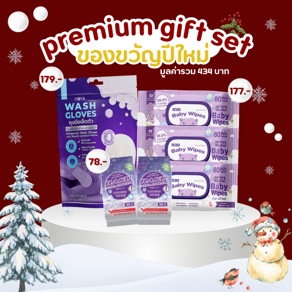 Hoya ของขวัญปีใหม่ Set 6 ชิ้น ทิชชู่เปียก HOYA WASH GLOVES 10 ถุงมือ HOYA BABY WIPES 240 แผ่น HAKU E