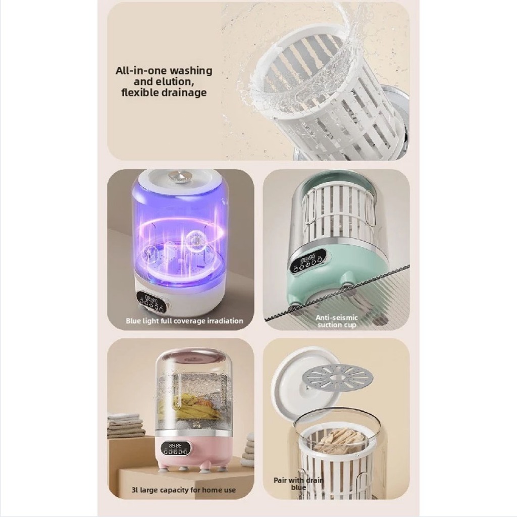 Meidi  ​เครื่องซักผ้ามินิ 3L การฆ่าเชื้อด้วยแสงสีฟ้า ซักและปั่นแห้งได้ พกง่าย เครื่องซักผ้าเล็ก เครื่องซักชุดชั้นใน - รูปที่ 3