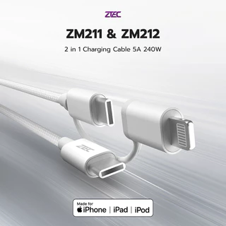 ZTEC ZM211 / ZM212 สายชาร์จ MFI 2 in 1 5A 240W USB-C to USB-C & Lightning วัสดุสายไนลอนถัก -2Y