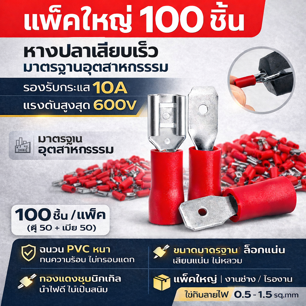 (100 ชิน) หางปลาเสียบเร็ว ตัวเมีย+ผู้ แดง แบบหุ้ม 10A 600V ขั้วต่อสายไฟ PVC มาตรฐานอุตสาหกรรม ส่งด่วน