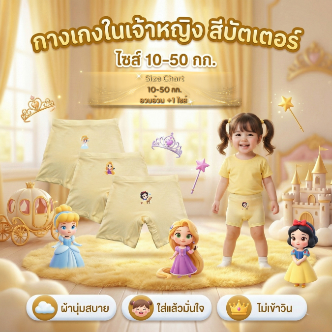 กางเกงซับในเด็กสีบัตเตอร์(รุ่นใหม่หนานุ่มขึ้น) กางเกงในเด็ก กันโป๊  ลายเจ้าหญิงดิสนีย์ ขาไม่บาน ยืดหยุ่นเบาสบาย 2-12 ปี