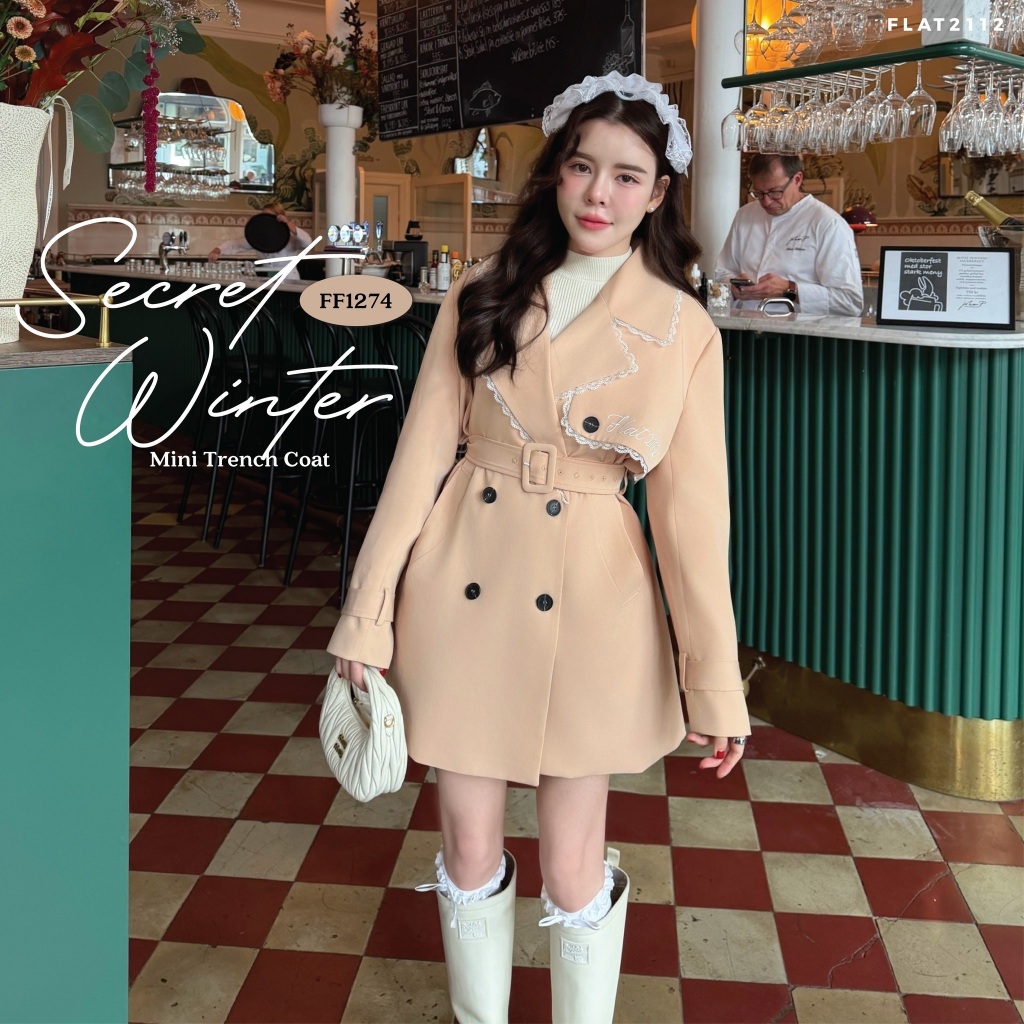 FLAT2112 : SECRET WINTER MINI TRENCH COAT ลูกไม้หวานๆ ลุคคุณหนู โค้ทลูกไม้สุดละมุน โค้ทสวยสไตล์เกาหลี (FF1274)