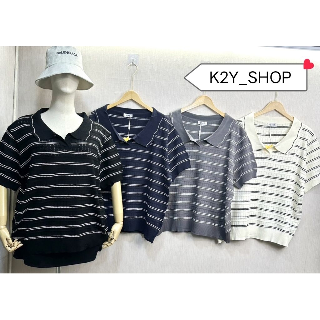 🌈บิ๊กไซส์ เสื้อไหมพรมคอปกผ้าไม่หนา ลายริ้ว 🎀หน้าผ้า 52-70 ยาว 26 นิ้ว