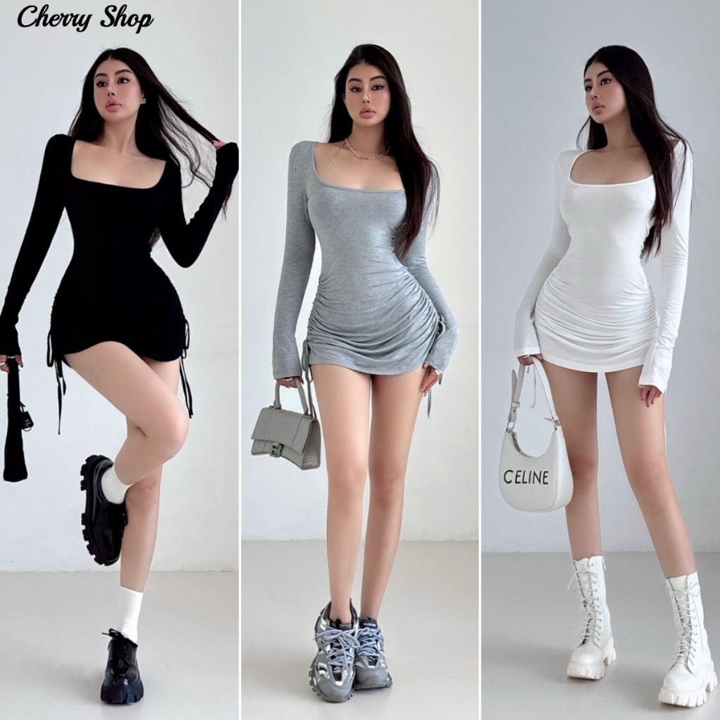 cherryshop พร้อมส่ง เดรสสั้นเข้ารูปแขนยาวสไตล์เกาหลีสุดเซ็กซี่ สีพื้น ปกเสื้อทรงสี่เหลี่ยม ดีไซน์จีบเชือกรูดด้านข้าง