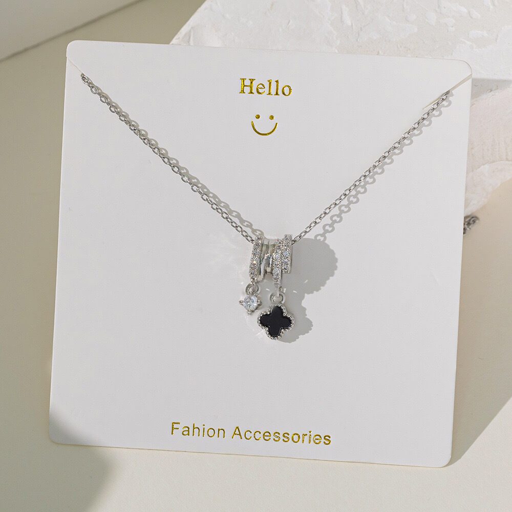 [ส่งจากไทย] สร้อยคอใบโคลเวอร์ 4 แฉก สีดำ นำโชค ประดับเพชร CZ วิบวับ ดีไซน์พรีเมียม ใส่แล้วดูแพง - รูปที่ 6