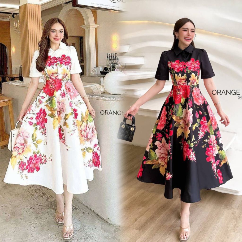 เดรสลายดอกไม้สวยขับผิว S-5XL Maxi Dress เดรสสาวอวบ,เดรสสีขาวแขนสั้นกระดุมหน้าลายดอกไม้ งานป้าย Orange Juice