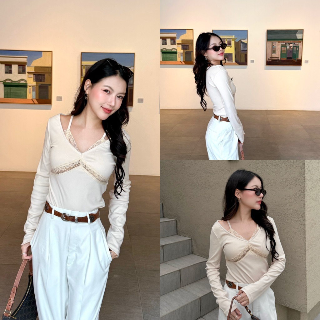 M118- เสื้อแขนยาวผ้านิ่ม ดีเทลคล้องคอแต่งลูกไม้
