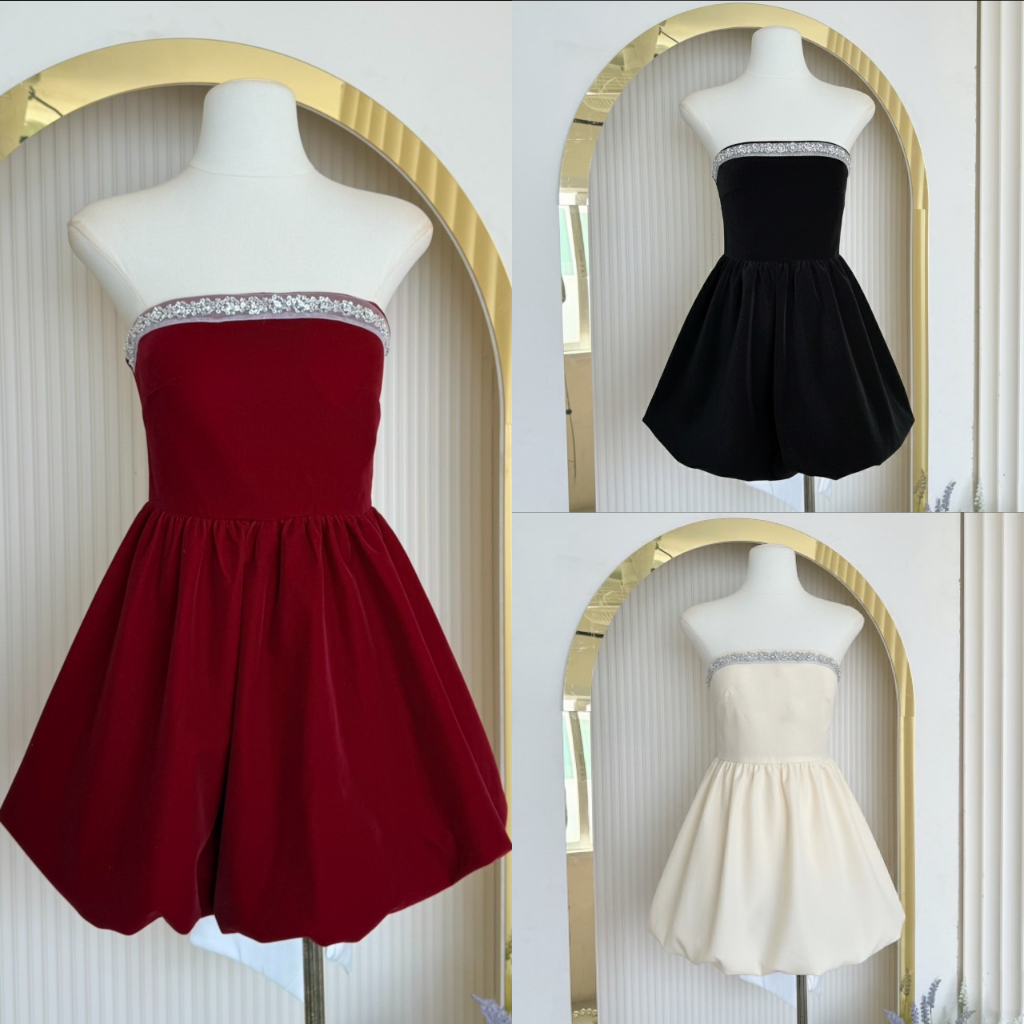 [LISA] A1279 ชุดเดรสกระโปรงเกาะอกดีเทลแต่งเพชรโบว์ด้านหลังผ้ากำมะหยี่ ใส่เที่ยว ออกงาน ดินเนอร์ ปาร์