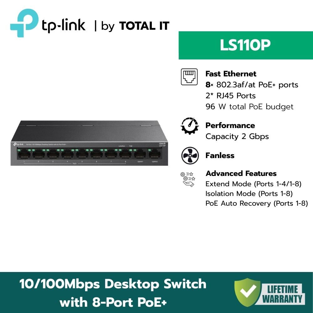 TP-Link LS110P | 8-Port PoE+ 96W | Extend 250m | Fanless Desktop Switch