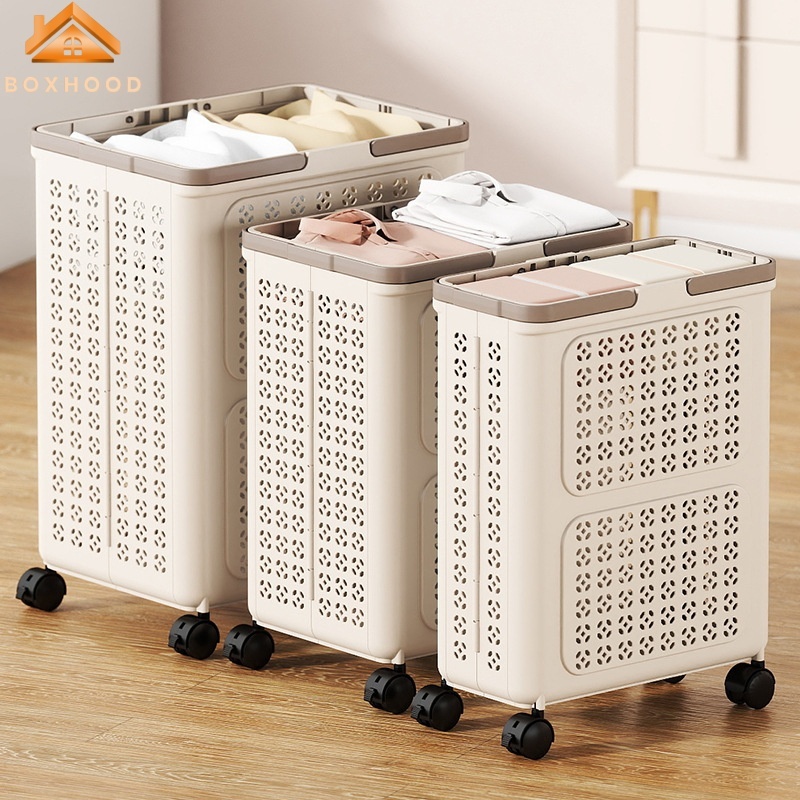 ตะกร้าผ้าสกปรกในครัวเรือน ตะกร้าผ้าทรงพร้อมหูหิ้ว ตะกร้าเก็บของ ตะกร้ามีล้อ พับพลาสติกซักผ้าสกปรก ตะกร้าซักผ้าความจุสูง