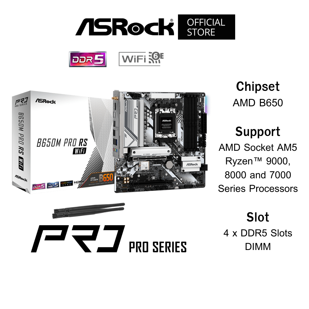 ASROCK B650M Pro RS WiFi Mainboard (เมนบอร์ด) Micro-ATX DDR5 AMD Socket AM5 Ryzen™ 7000-9000