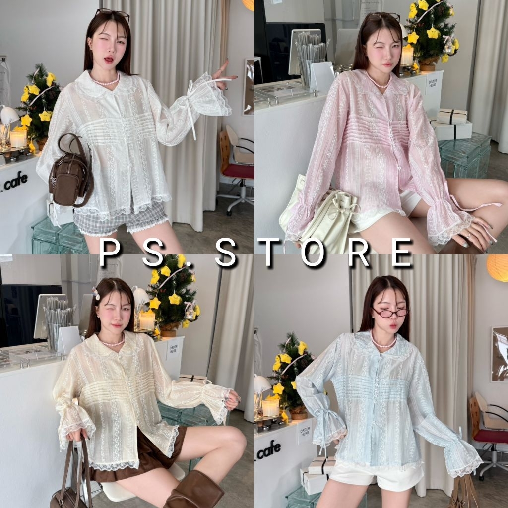 Gypsy : (รุ่นนี้ผ้าบาง) เสื้อคอบัวแขนยาวปลายแขนผูกโบว์ จับจีบแถบหน้า ผ้าปั้มลายดอก