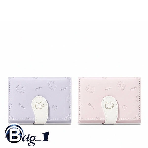 bag_1(BAG2541) กระเป๋าสตางค์ใบสั้นผู้หญิง สีพื้นปั๊มลายแมวสีน่ารัก