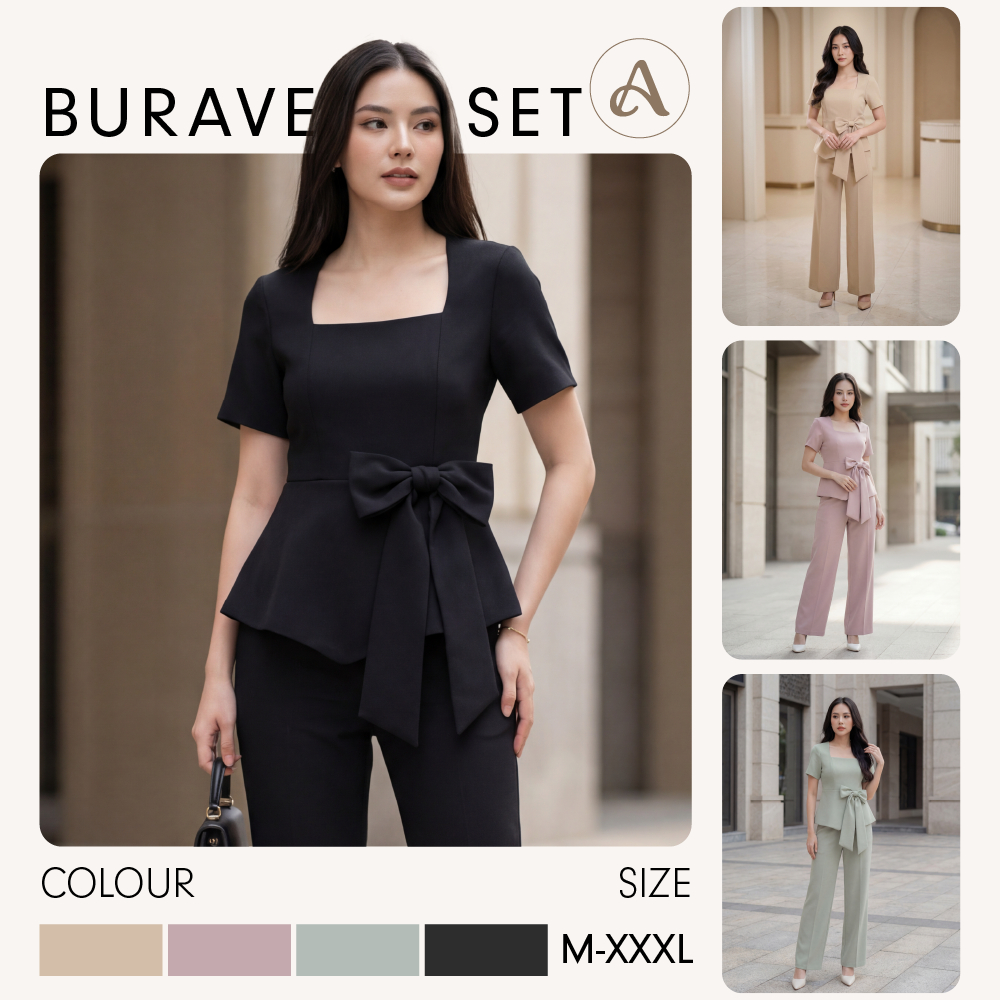 Burave Set AN308ชุดเซตเสื้อคอเหลี่ยมโบว์กางเกงเอวสูงขากระบอกใหญ่