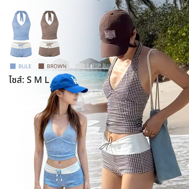 bikini ชุดว่ายน้ำ ลายสก็อตย้อนยุค  สายคล้องคอแบบผูกด้านหลัง  เอวสูง ins ชายหาด  ส่งไวจากไทย