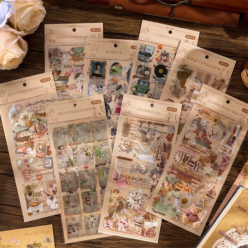 [พร้อมส่ง] DIY สติ๊กเกอร์ 3 แผ่น/ชุด สไตล์เรโทร ย้อนยุค คลาสสิก ขอบใส กันน้ำ Retro Nostalgic Classic Journal PET Sticker