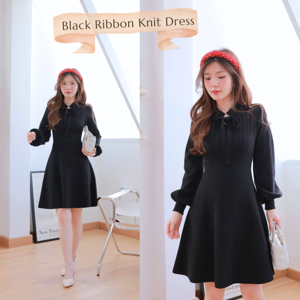 "Romi"Oil" Black Ribbon Knit Dress J584 ชุดเดรสสีดำ (มีเชือกผูกคอติดชุด)