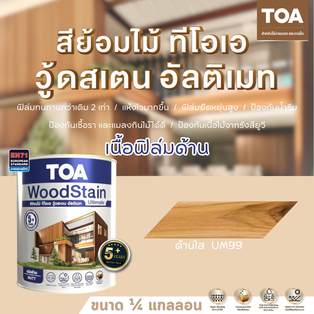 TOA สีย้อมไม้ วู้ดสเตน อัลติเมท ชนิดด้าน (1/4แกลลอน) สีใส สีทาผนังไม้ ภายใน และภายนอก