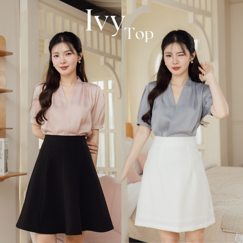 Onceandtwice | Ivy Top เสื้อคอวีแขนสั้น จับจีบรอบหัวไหล่ ทรงสวยสุภาพ ผ้าซาตินเนื้อเงา เรียบหรู ดูแกลมแบบพอดี