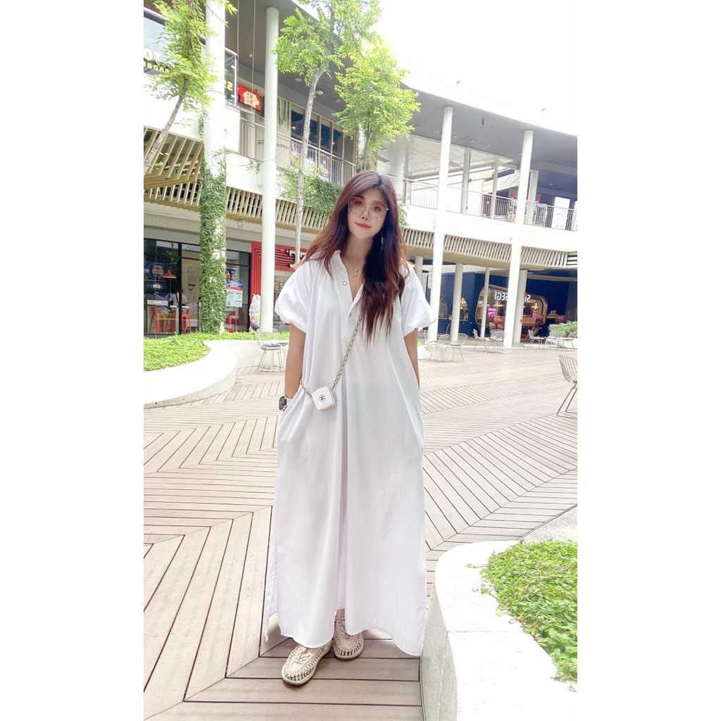 แบรนด์ชุดเดรส แขนพองมินิ คอจีน ใส่สวย อก42"ยาว49" รอบแขน 16"ผ้า ดีไซน์คลาสสิก สำหรับทุกโอกาส