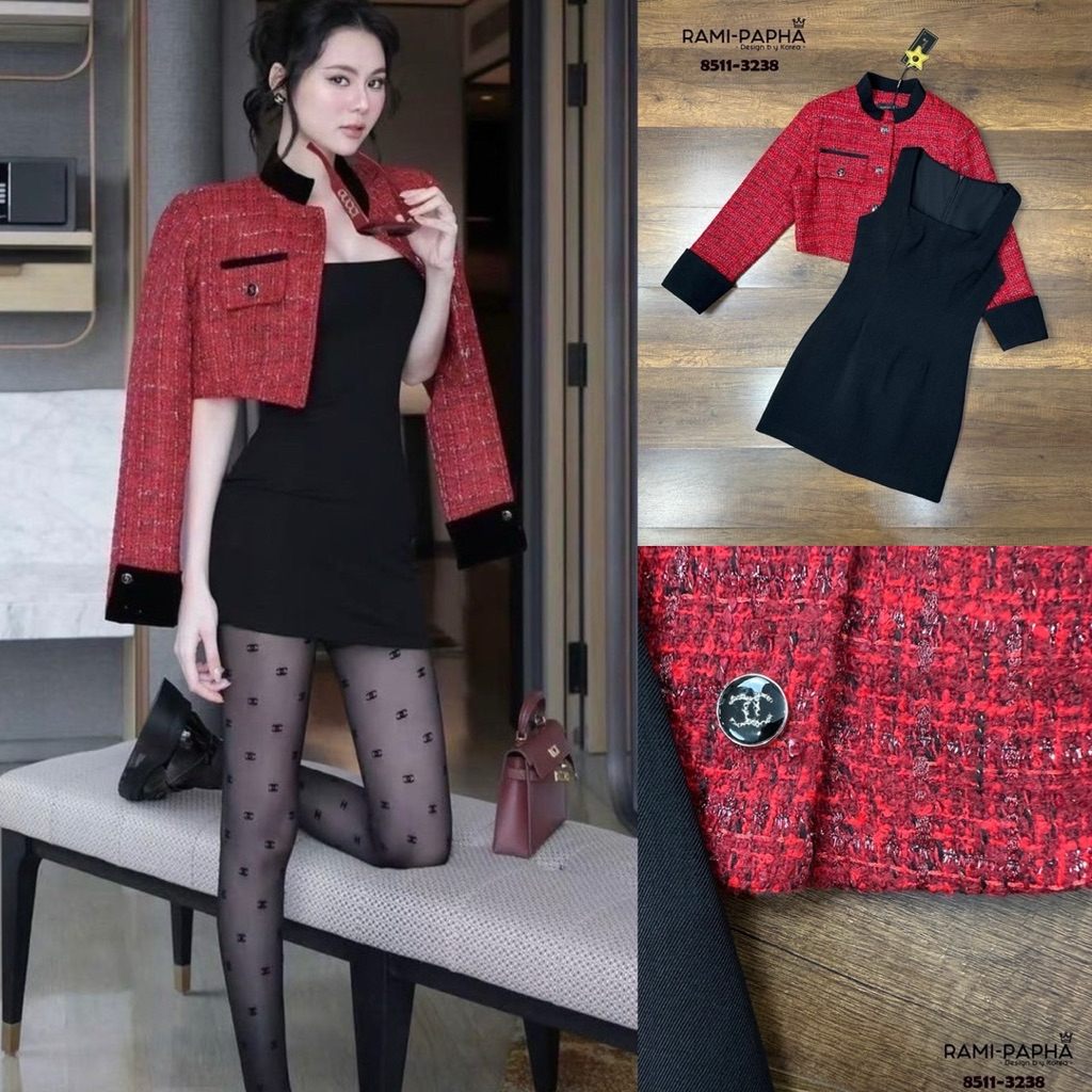 พร้อมส่ง XS-L⚡️RM 8511 ชุดเซต เสื้อคลุมผ้าทวีตสีแดง+เดรสสีดำ สวยหรู สไตล์สาวเวียด