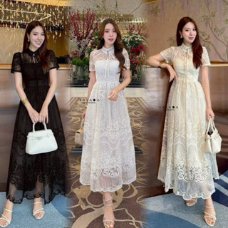 พร้อมส่ง•LALADA•เดรสผ้าลูกไม้มีซับใน แต่งกระดุมหน้า แต่งโบว์…