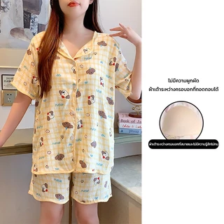 🔥อก42-52นิ้ว🔥 M-4XL ชุดนอนแขนสั้น-ขาสั้น มีบราในตัว สาวอวบ ผ้าฝ้าย พร้อมส่งจากไทย