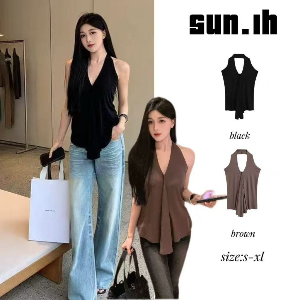 SUN🛍️พร้อมส่ง🛍️เสื้อกล้ามคอผูกสำหรับผู้หญิง สไตล์เซ็กซี่สำหรับฤดูร้อน คอเสื้อไม่สมมาตร ดีไซน์เปิดหลัง สีพื้น